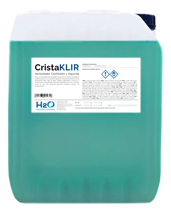 Cristaklir Abrillantador Clarificador Alberca Hache2o 20lts, foto real del producto